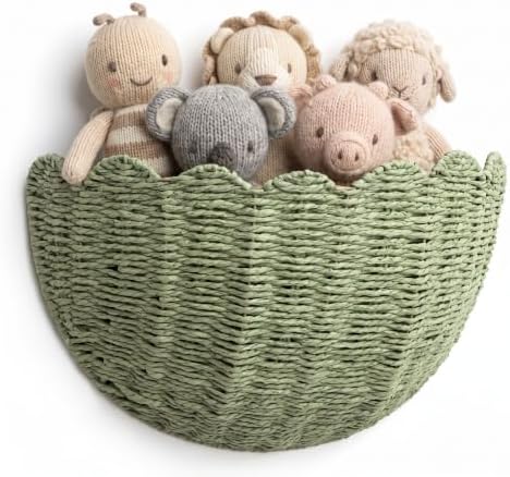 Newtay Sage Green Scalloped Wall Basket 16" x 10" x 7" Hand Woven Rattan Hanging Basket Boho Farmhouse Storage Organizer for Bathroom Living Room Entryway Decorative Floating Wicker Bin by Newtay