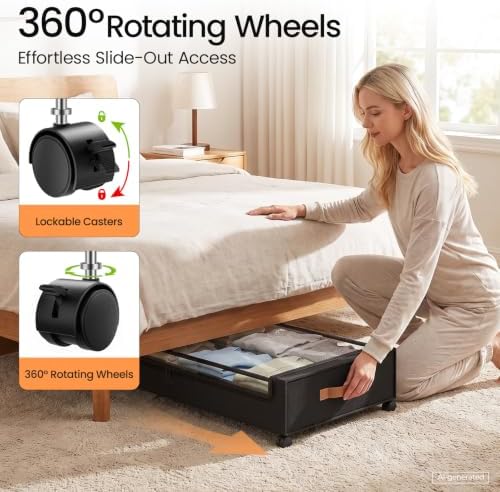 Yecaye 70L Large Under Bed Storage Containers with Wheels, 2 Pack, Black - Image 3