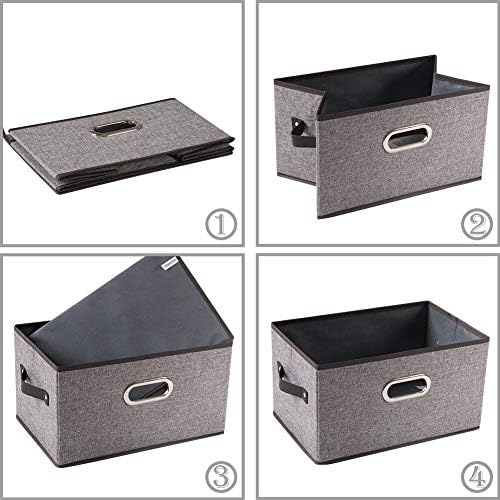 PRANDOM Large Collapsible Storage Baskets for Closet [5-pack] Decorative Fabric Storage Bins Cubes with Leather/Metal Handles for Shelves Bedroom Living Room Grey (14.9x9.8x8.3 Inch) - Image 5