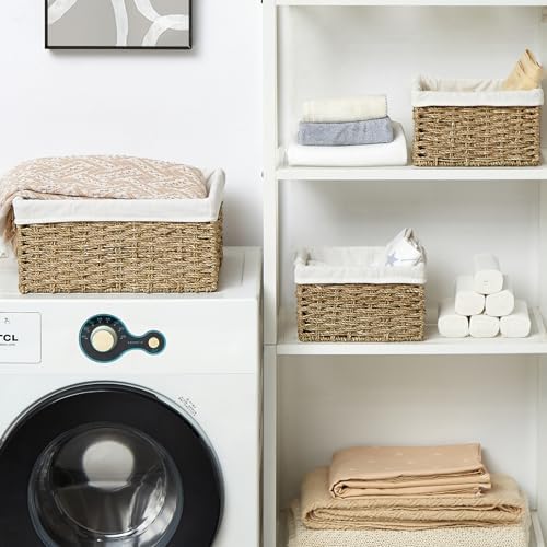 Vagusicc Wicker Basket, Seagrass Wicker Storage Basket with Built-in Handles, Baskets for Organizing, 15'' Large Storage Baskets for Shelves with Liner bathroom organizer (3-Pack Seagrass Baskets Set) - Image 4