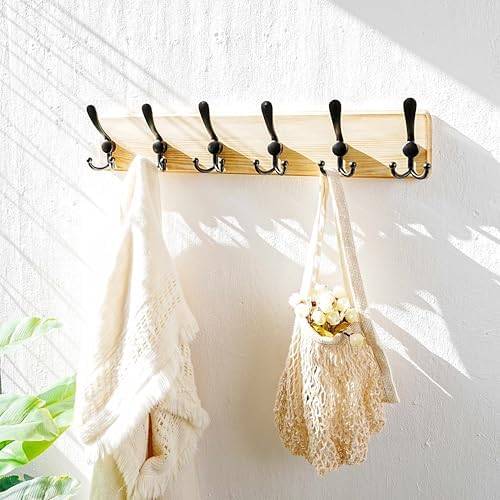 Dseap Coat Rack Wall Mounted - 24" Long 6 Tri Hooks, Heavy Duty Wooden Wall Coat Hanger Coat Hook for Clothes Hat Jacket Clothing, Weathered Light Natural and Black - Image 6