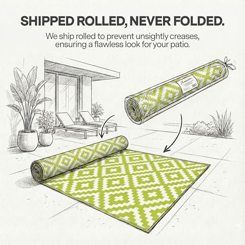 FH Home Outdoor Rug - Waterproof, Fade Resistant, Reversible - Premium Recycled Plastic - Geometric - Large Patio, Deck, Sunroom, Camping, RV - Aztec - Green & White Crease Free - 6 x 9 ft - Image 3