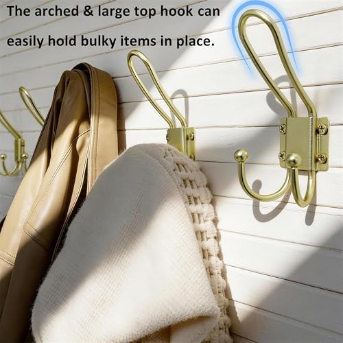 WEBI Coat Hooks Wall Mount,5 mm Thick,10 Large Triple Gold Hooks,Heavy Duty Metal Backpack Wall Hooks for Hanging Clothes,Robe,Towel,Closet,Farmhouse,Mudroom,Gold - Image 6