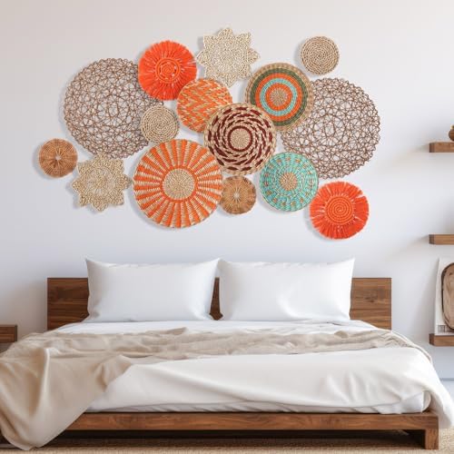 Anglechic 15 Pcs Boho Wall Basket Decor Woven Rattan Seagrass Wall Decor Hanging Rustic Farmhouse Western Art Decoration for Nursery Living Room Bedroom Home Kitchen(Orange Style) - Image 6
