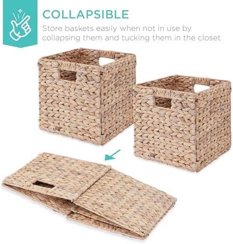Best Choice Products 10.5x10.5in Pack of 5 Cube Storage Baskets, Water Hyacinth Multipurpose Collapsible Organizers, Handwoven Laundry Totes for Laundry, Living Room, Kids Room & Nursery - White - Image 3