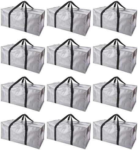 PANDA JOYS Extra Large Moving Bags with Zippers & Carrying Handles, Heavy-Duty Storage Tote for Space Saving Moving Storage, Fold Flat, Alternative to Box and Bin - 12 Pack, Silver by PANDA+JOYS