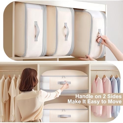 Comforter Storage Bag - 130L Large Capacity Blanket Storage Bags 4-Layer Ultra Space Saving Self Compression Organizer, Washable Compression Bags for Storage Comforter Blanket, 4-Pack, Beige - Image 4