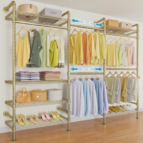 Timate F3 Garment Rack Heavy Duty Clothes Rack for Hanging Clothes, Expandable Industrial Pipe Wall Mounted Clothing Rack, Adjustable Storage Wardrobe Closets Kit Walk in Closet Systems, Gold by SturdyWallMountedClothesRack