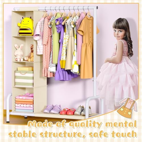 Univivi Kids Clothing Rack with Hanging Organizer, 43 Inch, Beige and White - Image 6