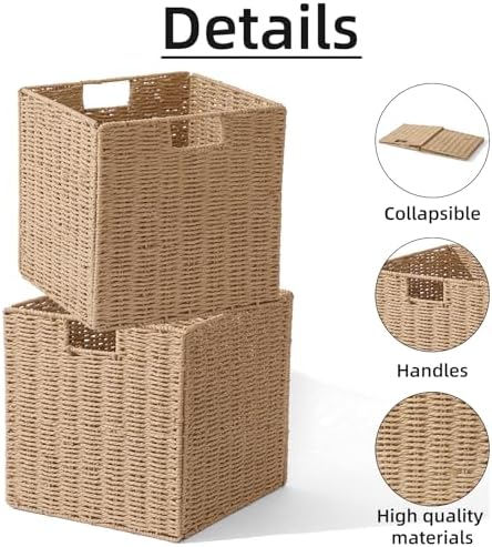 12x12x12in Wicker Storage Baskets for Shelves, Set of 2 Hand-Woven Paper Rope Wicker Basket,Foldable Cube Storage Bins, Natural Color Storage Cubes, Square Baskets for Organizing Decor - Image 3