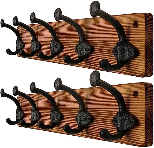 WEBI Rustic Coat Rack Wall Mount,5 Cast Iron Coat Hooks Wall Mounted,Heavy Duty Antique Vintage Hooks for Hanging Coats,Jacket,Clothes,Brown,2 Packs by WEBI