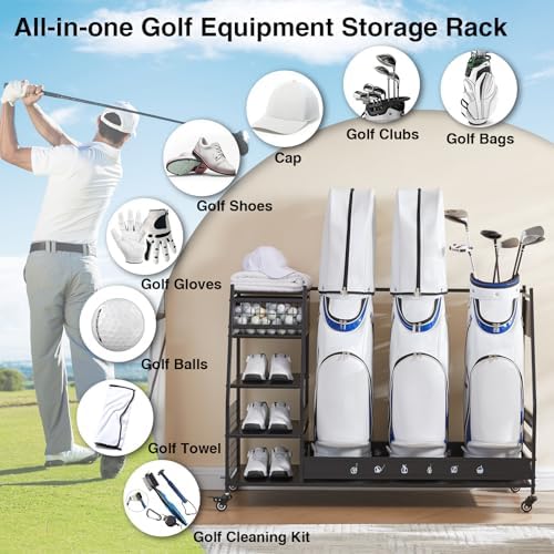 Lauren&Harold Golf Bag Organizer Garage Storage, Golf Storage Rack Stand Fits 2 Golf Bags, Golf Clubs and Other Golfing Equipment Accessories, Golf Organizer for Garage, Club, Shed, Basement - Image 6