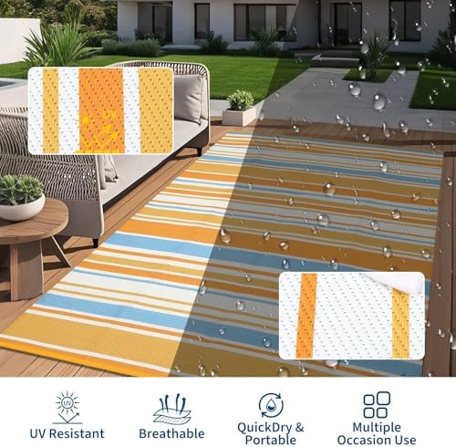 Garvee 8x10 Outdoor Rug Modern Striped Lines Plastic Straw Rug Blue Orange - Image 4
