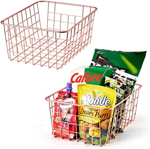 Wire Storage Basket Organizer Bin Baskets for Kithen Cabinets Freezer Bedroom Bathroom (2, Rose Gold) - Image 3