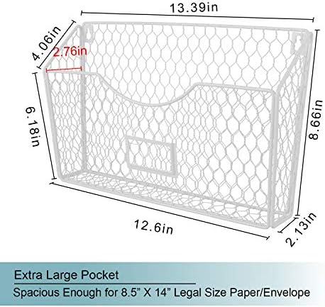 PAG-Mass 6 Pockets Hanging File Holder Wall Mount Mail Organizer Metal Chicken Wire Magazine Rack with Tag Slot, White - Image 4