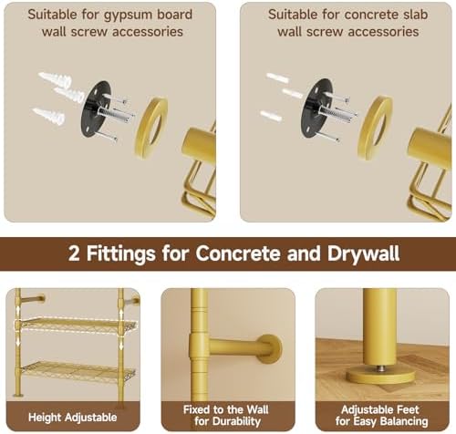ONBRILL L2 Wall Mounted Closet System, Industrial Pipe Clothing Rack, Gold - Image 6