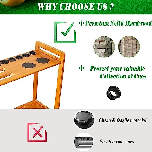 Pool Stick Holder Floor Stand Holds 9 Cues & Pool Table Accessories. Wooden 2-Tier Cue Stick Storage with Ball Rack Hangers, Billiard Cone Chalk Holder or Drink Pads - Image 6