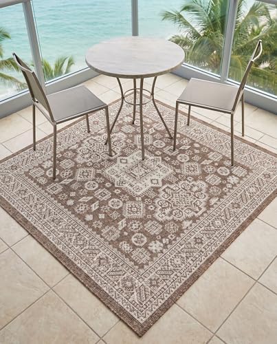 Rugs.com - Outdoor Aztec Rug – 5 Ft Square Brown Indoor/Outdoor Rug – Durable, Easy-Clean, Perfect for Patios and Porches - Image 5