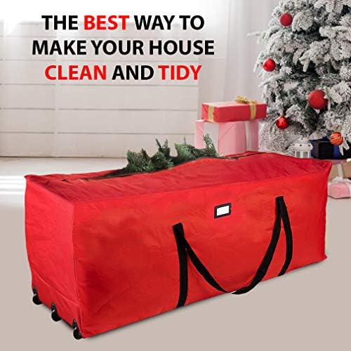 Rolling Tree Storage Bag, Fits Up to 9 foot Disassembled Holiday Tree, 28" Height X 16" Wide X 60" Long Extra Large Heavy Duty Storage Container with Wheels (Red) - Image 2