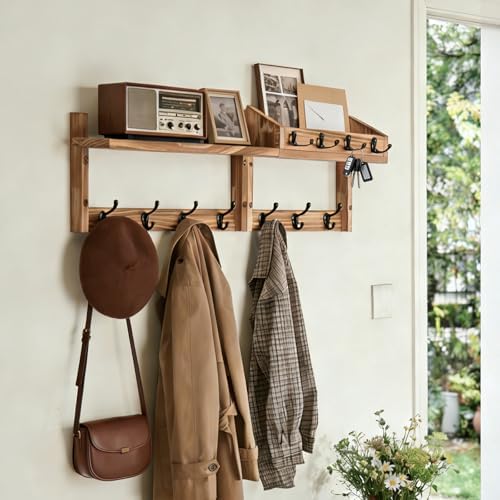 29" Coat Rack Wall Mount with Shelf, 4 in 1 Wall Mounted Coat and Key Hanger with 11 Hooks, Entryway Key Holder with Mail Holder for Living Room, Bedroom - Image 2