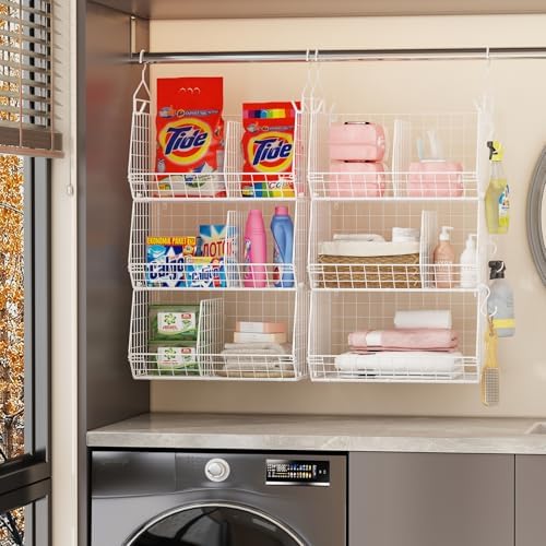 7 Tier Hanging Closet Organizer and Storage, Foldable Wire Closet Shelving with 4 Large Hooks+5 S Hooks,Hanging Basket for Clothes Sweaters Shoes Handbags,Wardrobe Kitchen Laundry Room-White - Image 6