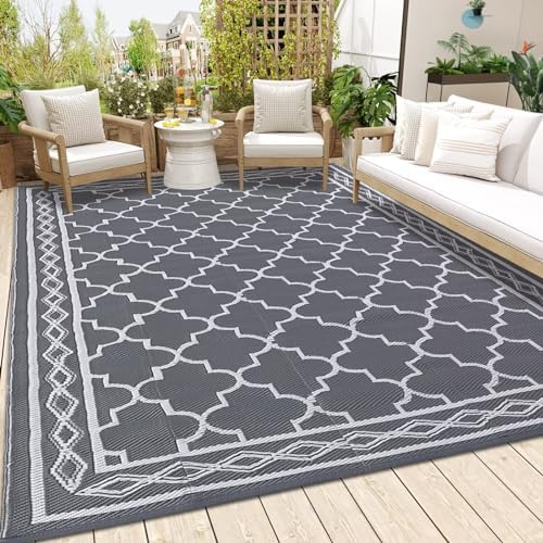 Reversible Mat 8x10 Plastic Straw Rug Outdoor Moroccan Trellis Area Rug Waterproof Patio Rug Outdoor Camping Rug for RV Porch Deck Camper Balcony Backyard Easy Cleaning Picnic Mat Grey White by Unknown