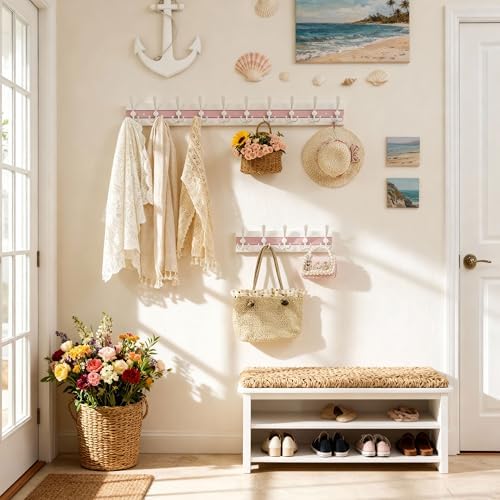 SKOLOO Coastal Wall Mounted Coat Rack-16.88" Beach House Entryway Wooden Coat Hook with 5 Hooks for Hanging Coats, Hats or Towels, Oceanfront Cottage Core Collection, White&Palm Beach Pink, Pack of 2 - Image 2