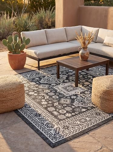 Rugs.com Outdoor Aztec Collection Rug – 8 Ft Square Charcoal Gray Flatweave Rug Perfect for Living Rooms, Kitchens, Entryways by Rugscom