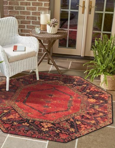 Unique Loom Outdoor Tribal Collection Area Rug - Quepos (4' 1" Octagon Multi/Black) by UniqueLoom