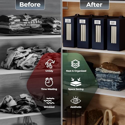 TIMBLE Bed Sheet Organizers & Storage, 10 Pack for King, Queen & Large Sheet Sets, Closet Organizer for Linens, Clothes, Blankets & Bedding, Foldable Fabric Bins with Handle, Name Tag & Window (Navy) - Image 6