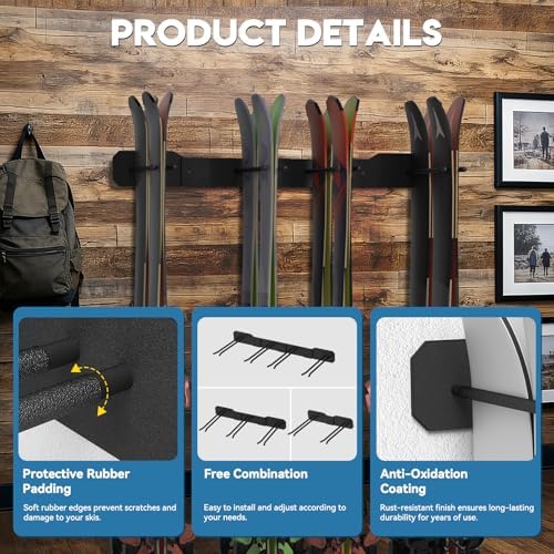 Heavy Duty Ski Storage Racks, Holds 8 pairs of skis | Wall Mount for Home&Garage | Modular Design | Rubber Cover | Holds Up to 300lbs - Image 5