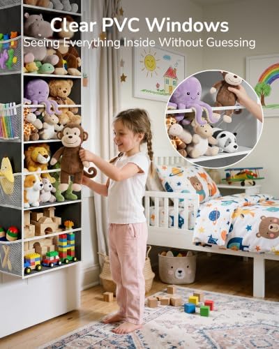 ULG Stuffed Animal Organizer Over the Door, Large Hanging Plush Toy Storage with Mesh Window, Cotton Kids Toy Organizer for Bedroom, Nursery, Playroom & Baby Items Dark Grey - Image 3