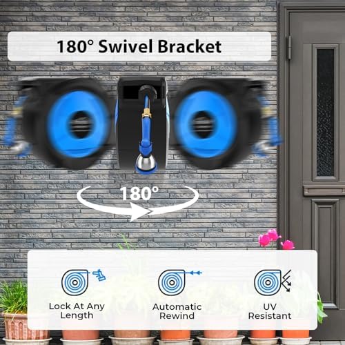 Retractable Garden Hose Reel, 1/2 Inch x 100 ft + 6.6 ft Heavy Duty Wall Mounted Hose Reel with 10 Patterns Nozzle, Any Length Lock, Upgraded Slow Return System, 180°Swivel Bracket and UV Resistant - Image 3