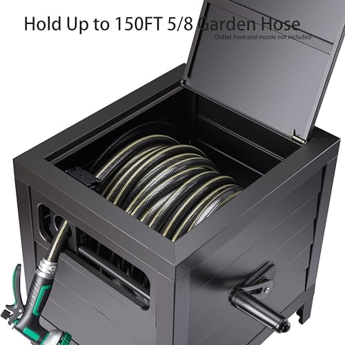 AQUAZILLA Metal Garden Hose Reel Deck box, Durable Steel Garden Hose Storage Box Cabinet, 150ft 5/8" Garden Hose Capacity. - Hose guide Manual Rewind, No-leak aluminum water connections - Image 3
