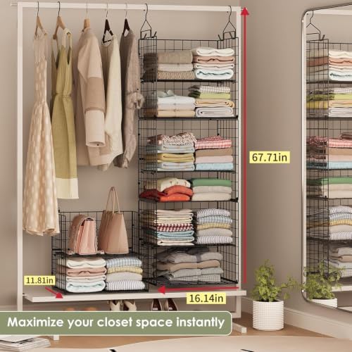 8 Tier Widened Hanging Closet Organizer and Storage Shelves, Metal & Foldable Hanging Clothing Organizer Baskets with Adjustable Dividers for Sweaters Shoes Handbags,Black (L11.81"xW16.14"xH15.35") - Image 4