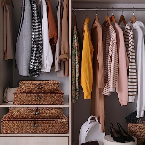 Didaey Set of 4 Seagrass Basket with Lid Wicker Storage Basket Decorative Storage Boxes with Lids Flat Storage Bins Woven Organizer Baskets for Shelf Closet Bedroom, 4 Sizes (Dark Brown) - Image 5
