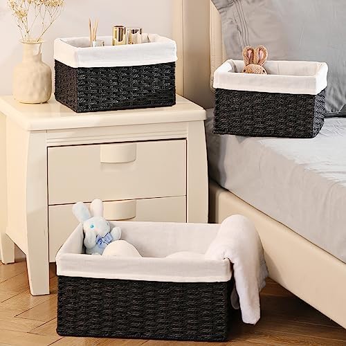 Vagusicc Storage Basket, 3-Pack Woven Paper Rope Wicker Baskets for Storage with Handles, 15 Inches Large Cube Storage Bins Woven Storage Baskets with Liners for Shelves Organizing & Decor, Black - Image 6