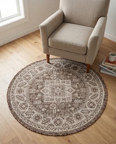 Rugs.com - Outdoor Aztec Rug – 3 Ft Round Brown Indoor/Outdoor Rug – Flatweave Tribal Design for Patio, Deck, and Porch - Image 4