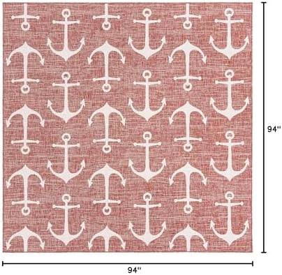 Unique Loom Outdoor Coastal Collection Area Rug - Ahoy (7' 10" Square, Rust Red/ Ivory) - Image 2