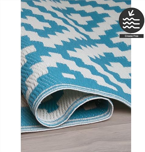 FH Home Outdoor Rug - Waterproof, Fade Resistant, Reversible - Premium Recycled Plastic - Geometric - Patio, Porch, Deck, Balcony - Aztec - Teal & White Crease Free - 5 x 8 ft - Image 6