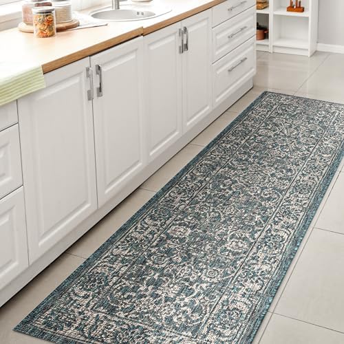 JONATHAN Y Weave Floral Indoor Outdoor Runner Rug 2X8 Teal/Gray, Tela Bohemian Textured for Backyard, Patio, Porch, Easy-Cleaning, High Traffic, Pet-Friendly, Non-Shedding (SMB100C-28) by JONATHANY