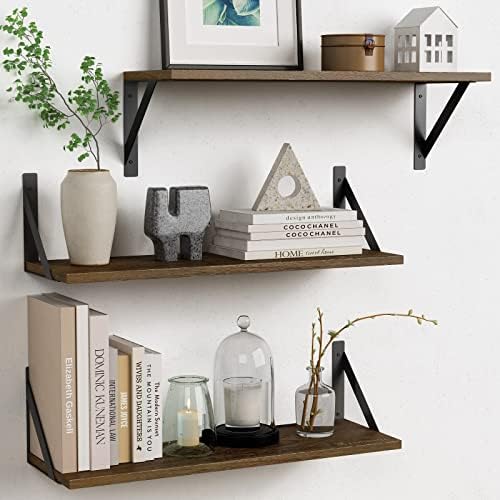 Forbena 24 Inch Long Floating Shelves for Wall Set of 3, Wooden Wall Bookshelf for Bedroom, Large Rustic Wood Hanging Book Shelves for Living Room Plants Kitchen Office Closet Storage (Dark Brown) by Forbena