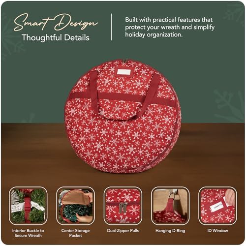 Covermates Wreath Storage Bag, 36" Diameter x 8" H, Red Snowflake - Image 4
