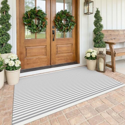 KOZYFLY Striped Rug 4x6 ft Cotton Woven Front Door Rugs, Gray and White by KOZYFLY