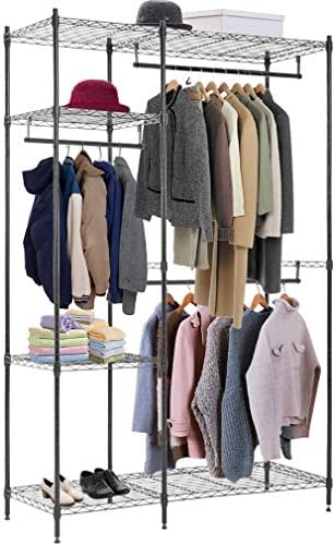 Hanging Closet Organizer and Storage Heavy Duty Clothes Rack Sturdy 3 Rod Garment Rack Large with Wire Shelving Height Adjustable Commercial Grade Metal Clothes Stand Rack for Bedroom Cloakroom,Black by BestMassage%C2%AE