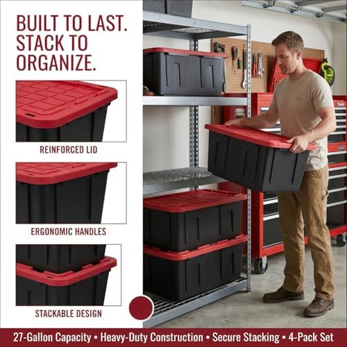 6-Pack 27 Gallon Heavy Duty Storage Bins Durable Polypropylene Plastic with Snap Lock Lids Stackable Large Capacity Organizers Garage Basement Multi-Purpose Storage Containers Black and Red - Image 2