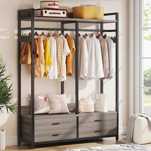 Tribesigns Freestanding Closet Organizer for Hanging Clothes, Heavy Duty Garment Rack with 4 Drawers, 8 Hooks and Storage Shelves, Wardrobe Closet Clothing Rack for Bedroom, Living Room, Grey - Image 2