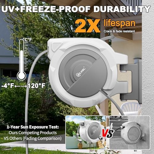 SILVEL Retractable Garden Hose Reel – 5/8 in x 75FT Heavy Duty Automatic Hose Reel Wall Mounted, Upgraded UV Resistant with 10 Pattern Nozzle, Any Length Lock & Slow Return System, 180°Swivel Bracket - Image 2