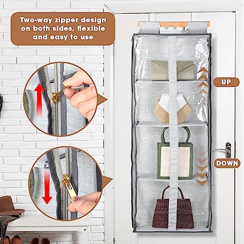 Silkfly 2 Pack Hanging Purse Organizer with Zipper for Closet Handbag Storage PVC Mesh Shelves with 4 Pockets for Bedroom Door Wardrobe Shelf Rack Space Saving(Gray) - Image 4