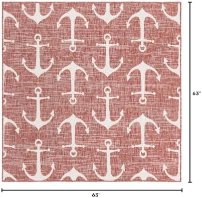 Unique Loom Outdoor Coastal Collection Area Rug - Ahoy (5' 3" Square, Rust Red/ Ivory) - Image 2